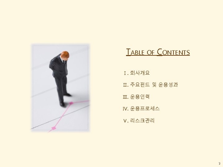 TABLE OF CONTENTS Ⅰ. 회사개요 Ⅱ. 주요펀드 및 운용성과 Ⅲ. 운용인력 Ⅳ. 운용프로세스 Ⅴ.
