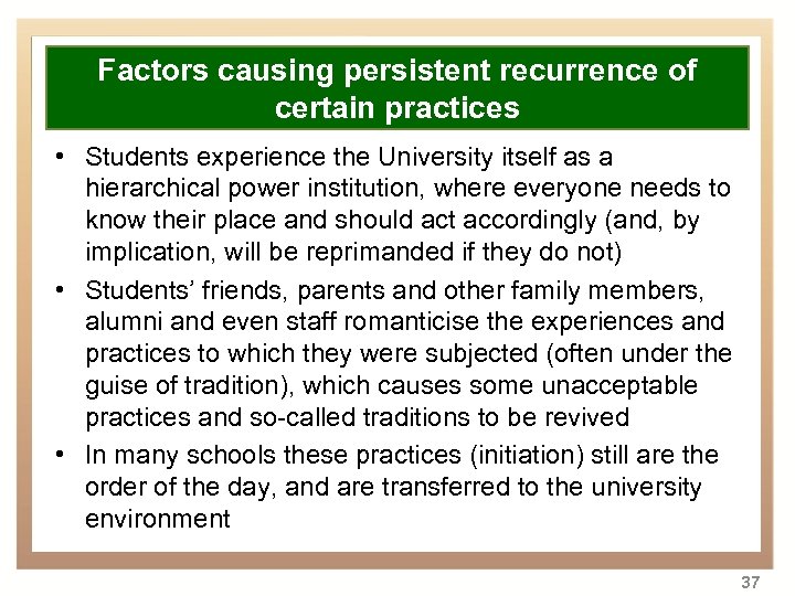 Factors causing Overview recurrence of persistent certain practices • • Background to transformation of