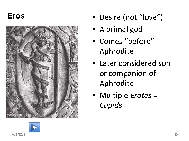 Eros • Desire (not “love”) • A primal god • Comes “before” Aphrodite •