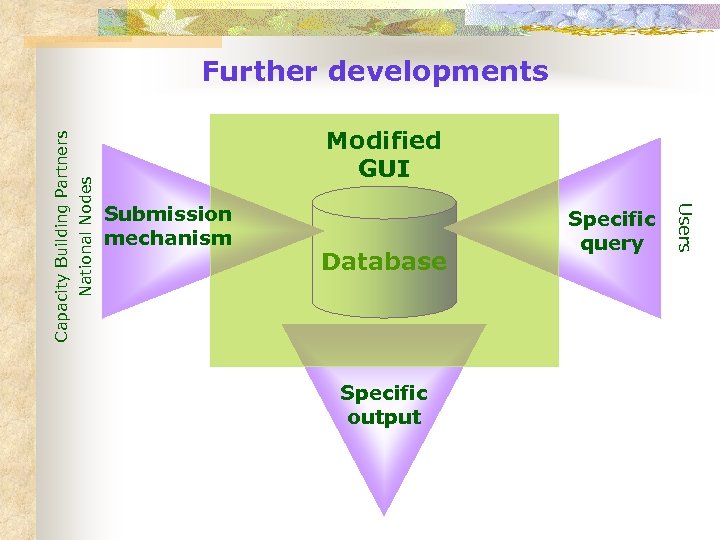 Modified GUI Submission mechanism Database Specific output Specific query Users Capacity Building Partners National