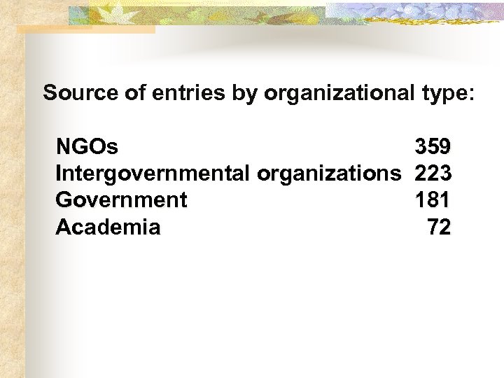 Source of entries by organizational type: NGOs 359 Intergovernmental organizations 223 Government 181 Academia