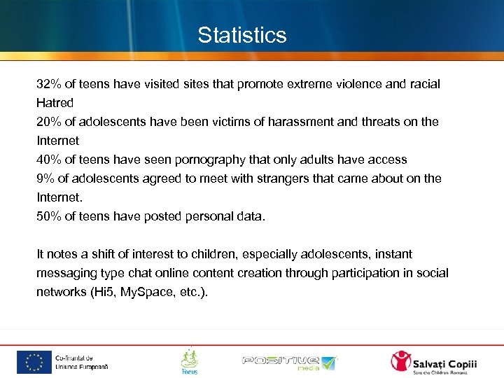 Statistics 32% of teens have visited sites that promote extreme violence and racial Hatred