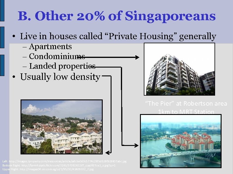 B. Other 20% of Singaporeans • Live in houses called “Private Housing” generally –