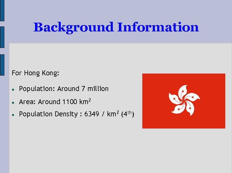 Background Information For Hong Kong: Population: Around 7 million Area: Around 1100 km 2