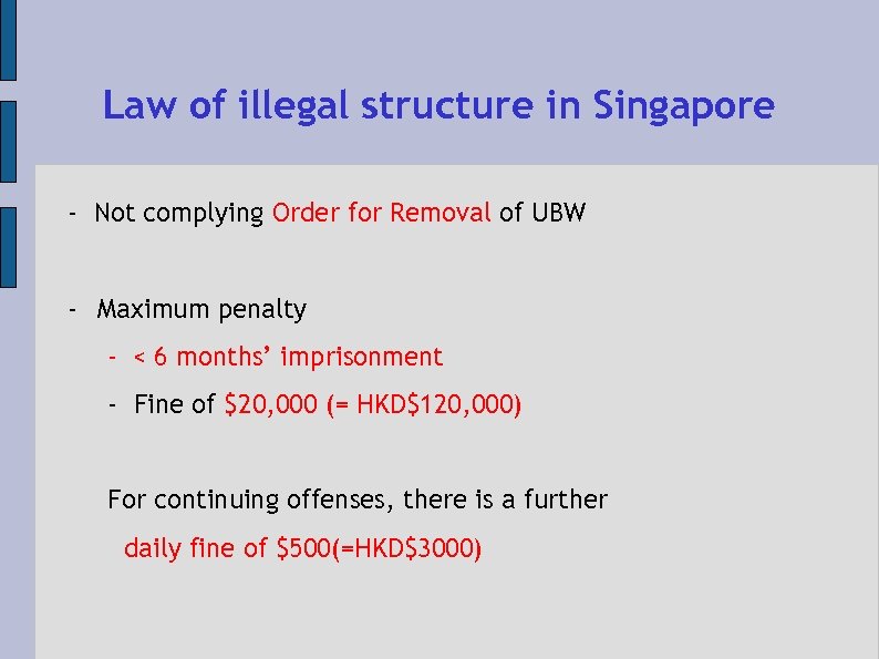 Law of illegal structure in Singapore - Not complying Order for Removal of UBW