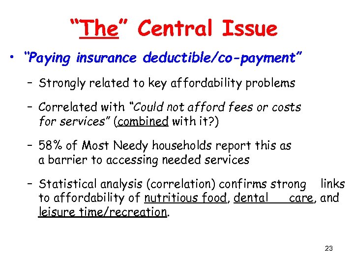 “The” Central Issue • “Paying insurance deductible/co-payment” – Strongly related to key affordability problems