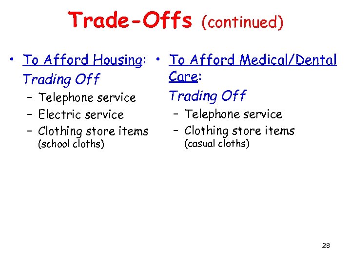 Trade-Offs (continued) • To Afford Housing: • To Afford Medical/Dental Care: Trading Off –