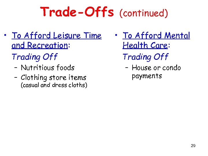 Trade-Offs • To Afford Leisure Time and Recreation: Trading Off – Nutritious foods –