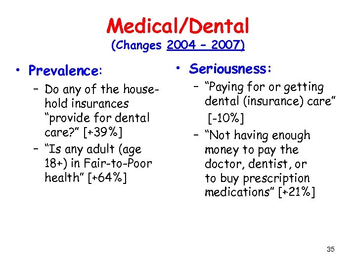 Medical/Dental (Changes 2004 – 2007) • Prevalence: – Do any of the household insurances