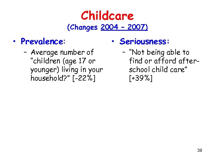 Childcare (Changes 2004 – 2007) • Prevalence: – Average number of “children (age 17