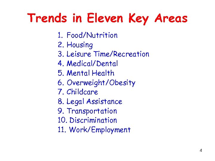 Trends in Eleven Key Areas 1. Food/Nutrition 2. Housing 3. Leisure Time/Recreation 4. Medical/Dental
