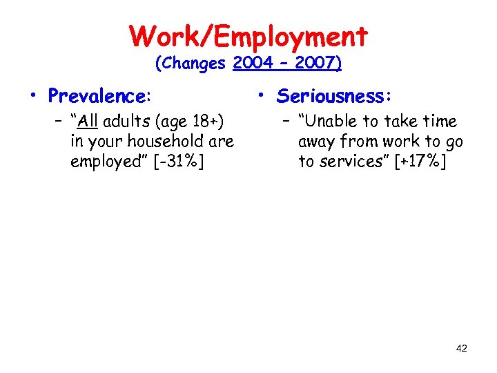 Work/Employment (Changes 2004 – 2007) • Prevalence: – “All adults (age 18+) in your