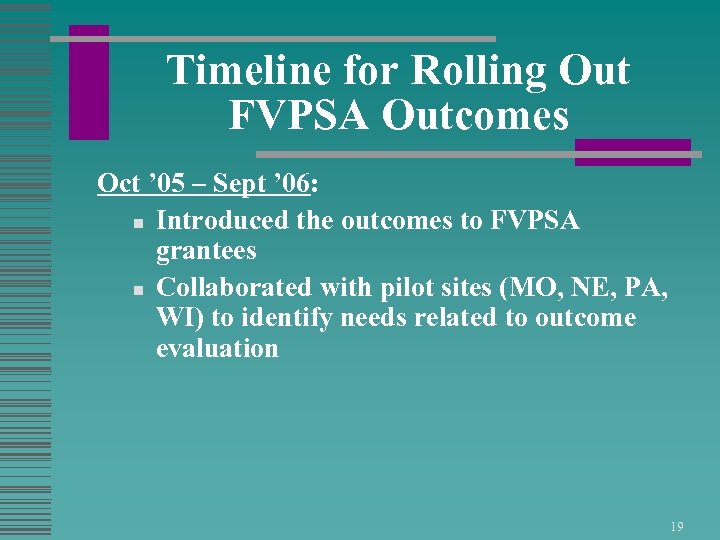 Timeline for Rolling Out FVPSA Outcomes Oct ’ 05 – Sept ’ 06: n