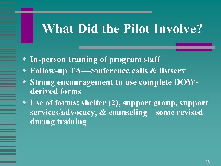 What Did the Pilot Involve? w In-person training of program staff w Follow-up TA—conference