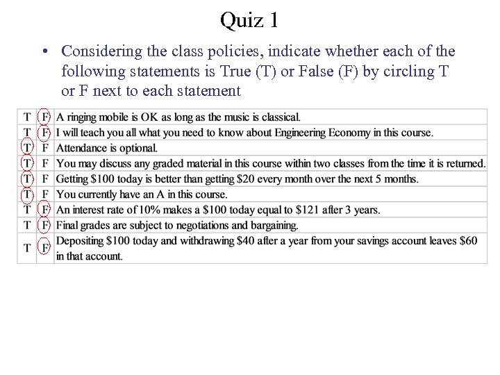 Quiz 1 • Considering the class policies, indicate whether each of the following statements