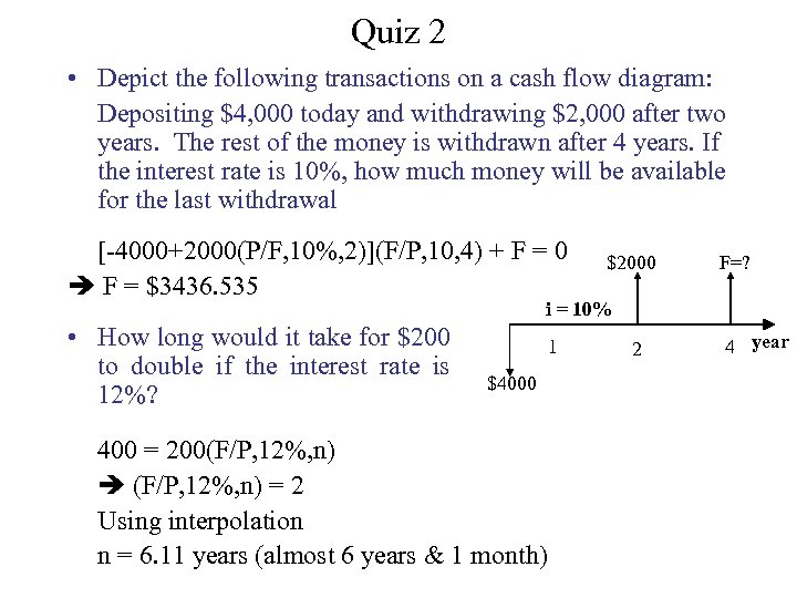 Quiz 2 • Depict the following transactions on a cash flow diagram: Depositing $4,