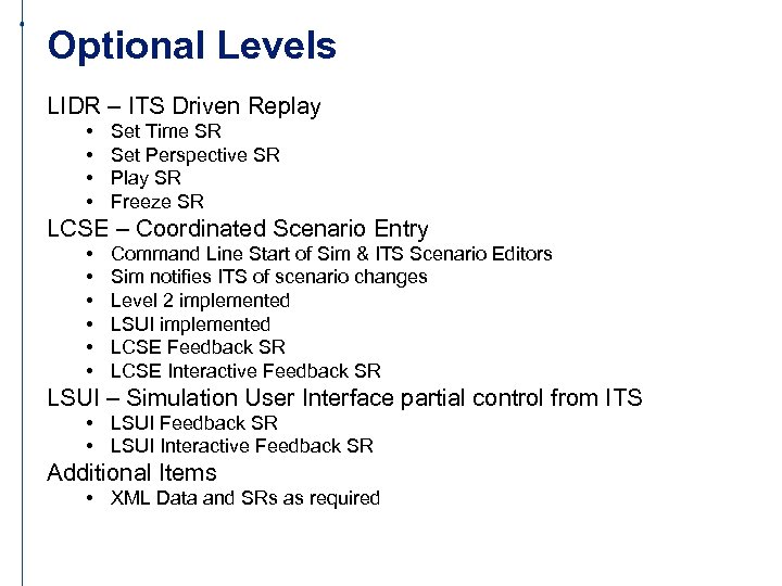 Optional Levels LIDR – ITS Driven Replay • • Set Time SR Set Perspective