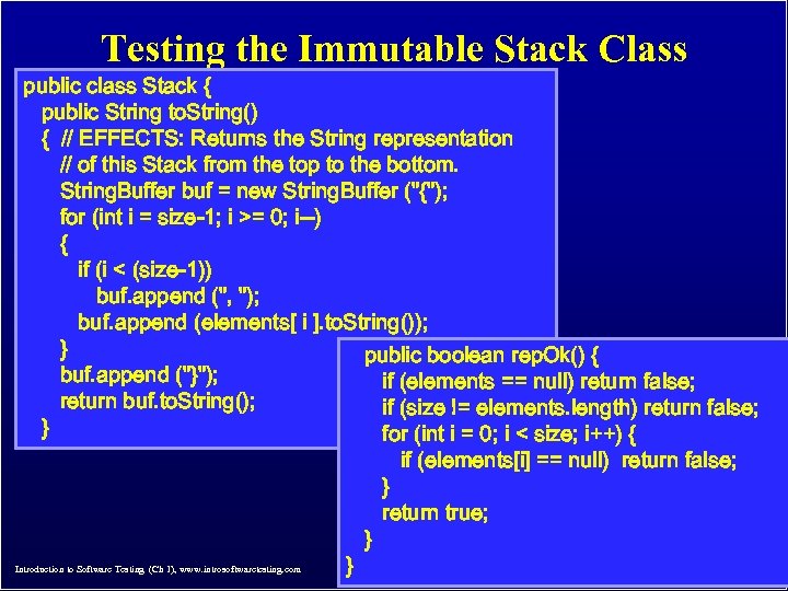 Testing the Immutable Stack Class public class Stack { public String to. String() {