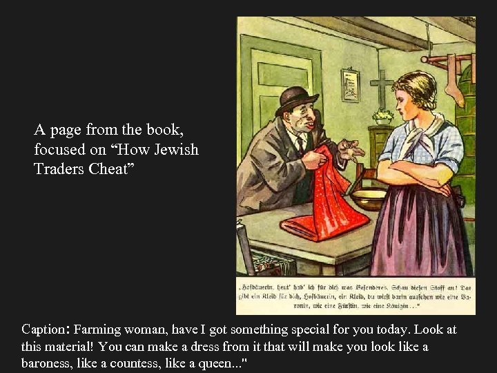 A page from the book, focused on “How Jewish Traders Cheat” Caption: Farming woman,
