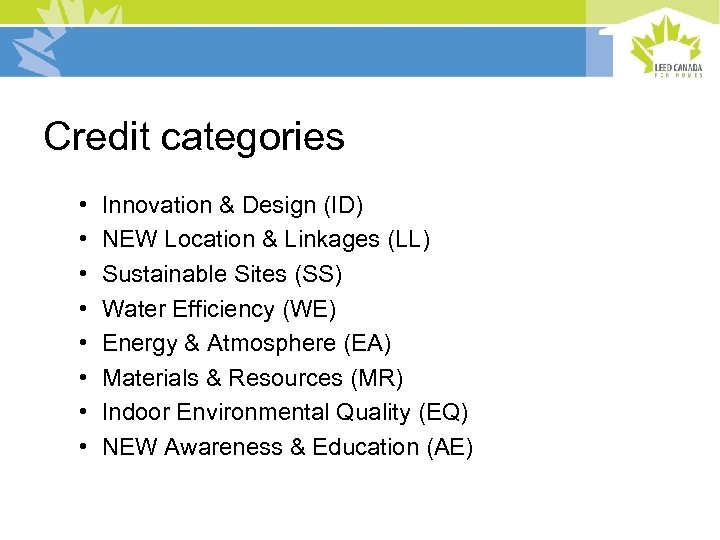 Credit categories • • Innovation & Design (ID) NEW Location & Linkages (LL) Sustainable