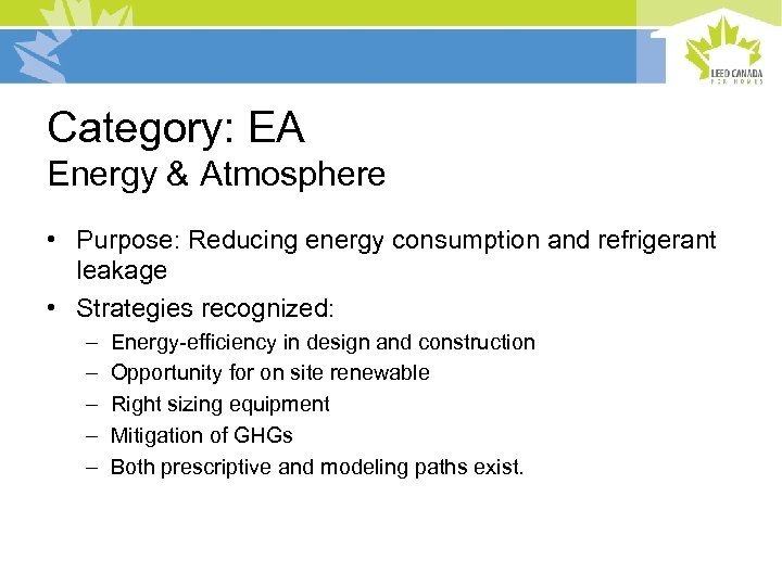 Category: EA Energy & Atmosphere • Purpose: Reducing energy consumption and refrigerant leakage •