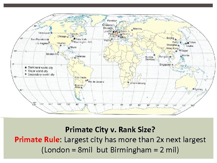 Primate City v. Rank Size? Primate Rule: Largest city has more than 2 x