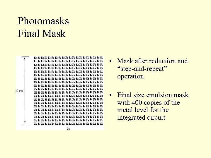 Photomasks Final Mask • Mask after reduction and “step-and-repeat” operation • Final size emulsion