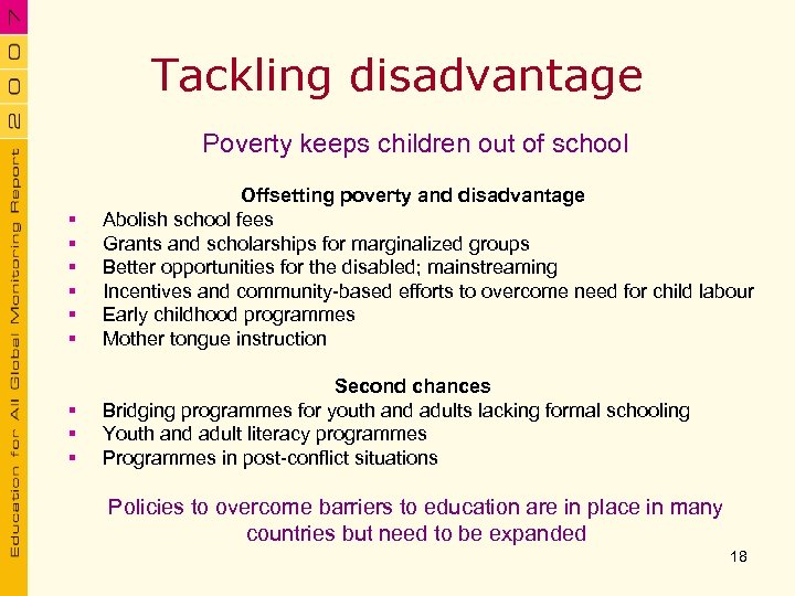 Tackling disadvantage Poverty keeps children out of school § § § Offsetting poverty and