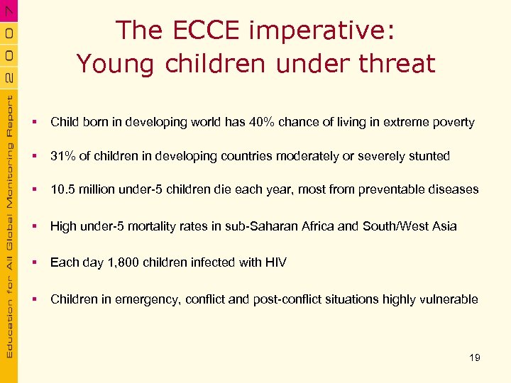 The ECCE imperative: Young children under threat § Child born in developing world has