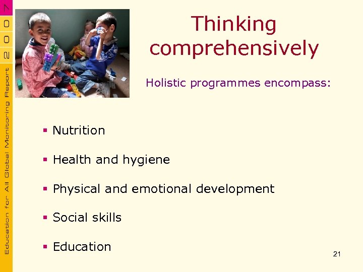 Thinking comprehensively Nutrition Holistic programmes encompass: § Nutrition § Health and hygiene § Physical