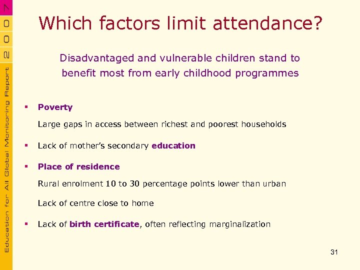 Which factors limit attendance? Disadvantaged and vulnerable children stand to benefit most from early