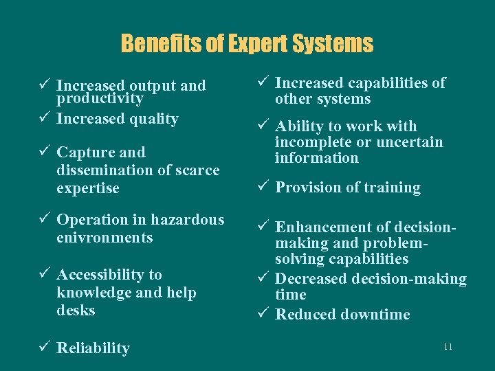 Benefits of Expert Systems ü Increased output and productivity ü Increased quality ü Capture