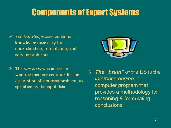 Components of Expert Systems Ø The knowledge base contains knowledge necessary for understanding, formulating,