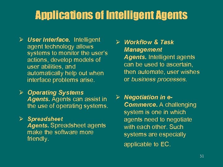 Applications of Intelligent Agents Ø User Interface. Intelligent agent technology allows systems to monitor