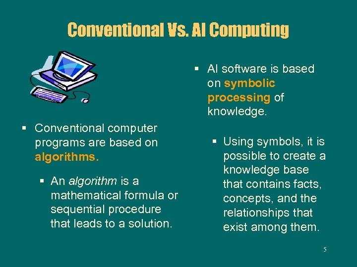 Conventional Vs. AI Computing § AI software is based on symbolic processing of knowledge.