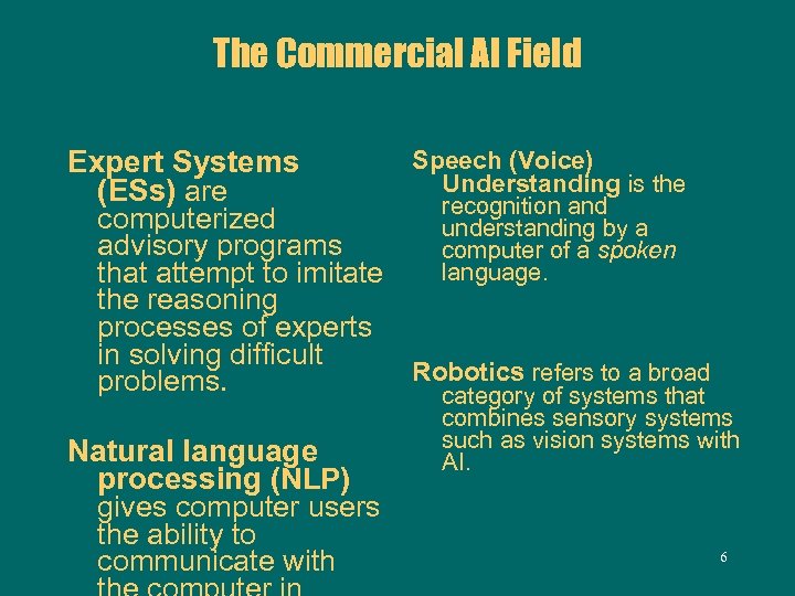 The Commercial AI Field Speech (Voice) Expert Systems Understanding is the (ESs) are recognition