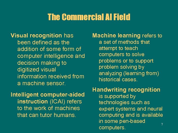 The Commercial AI Field Visual recognition has been defined as the addition of some