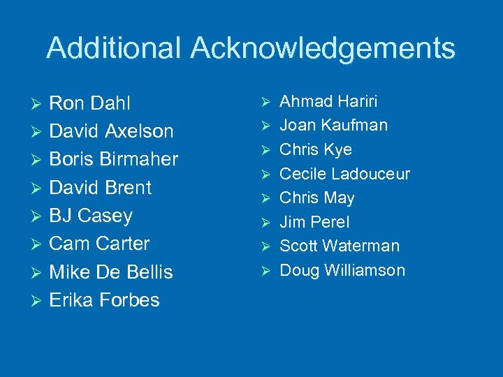 Additional Acknowledgements Ron Dahl Ø David Axelson Ø Boris Birmaher Ø David Brent Ø