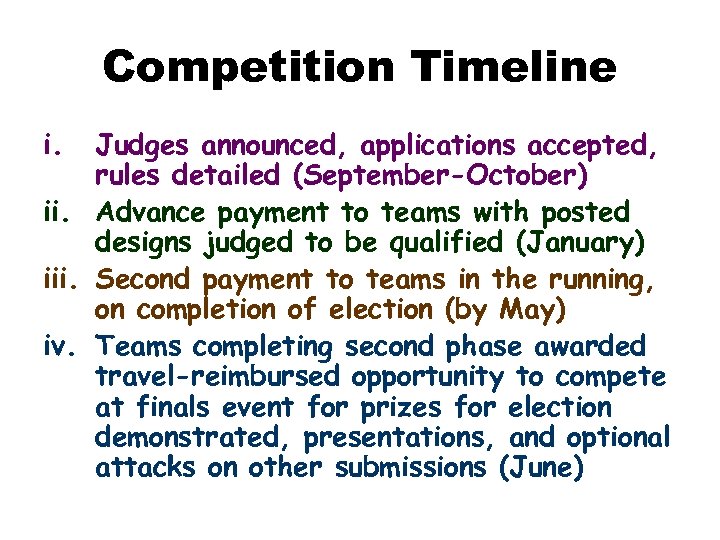 Competition Timeline i. Judges announced, applications accepted, rules detailed (September-October) ii. Advance payment to