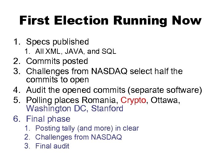 First Election Running Now 1. Specs published 1. All XML, JAVA, and SQL 2.