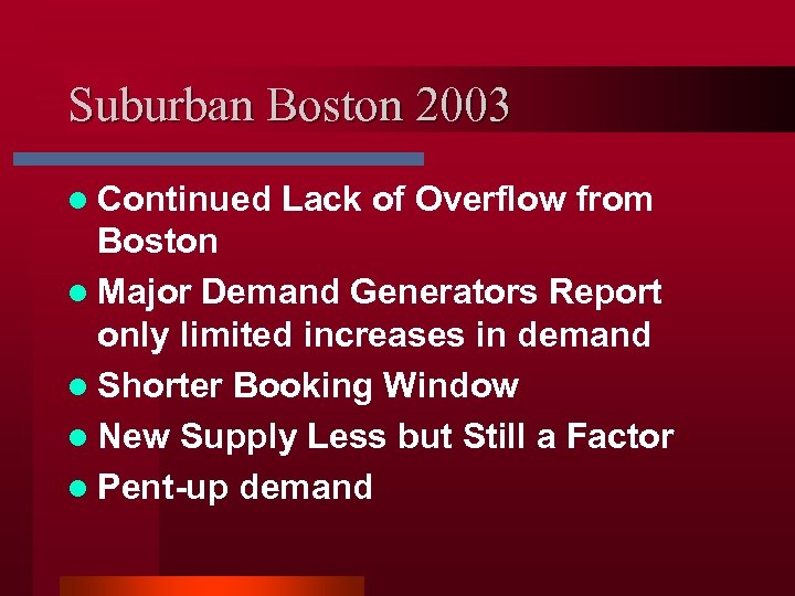 Suburban Boston 2003 l Continued Lack of Overflow from Boston l Major Demand Generators