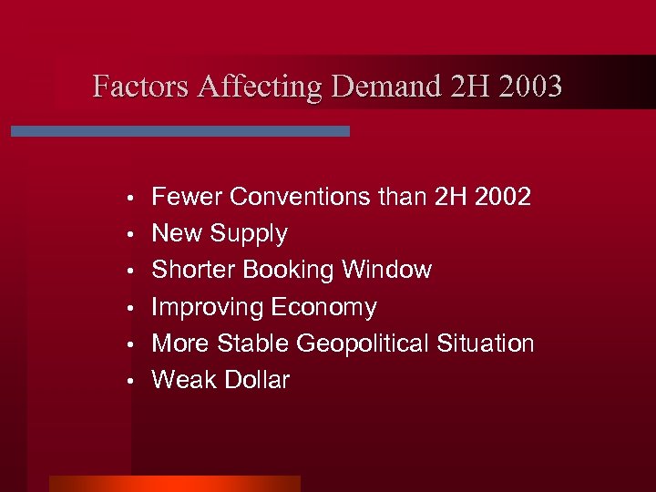 Factors Affecting Demand 2 H 2003 • • • Fewer Conventions than 2 H