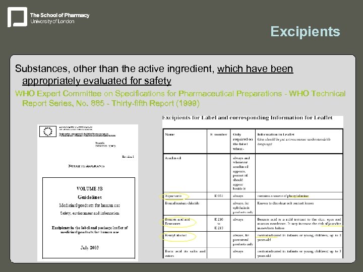 Excipients Substances, other than the active ingredient, which have been appropriately evaluated for safety