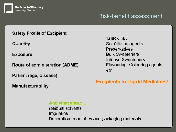 Risk-benefit assessment Safety Profile of Excipient Quantity Exposure Route of administration (ADME) ‘Black list’