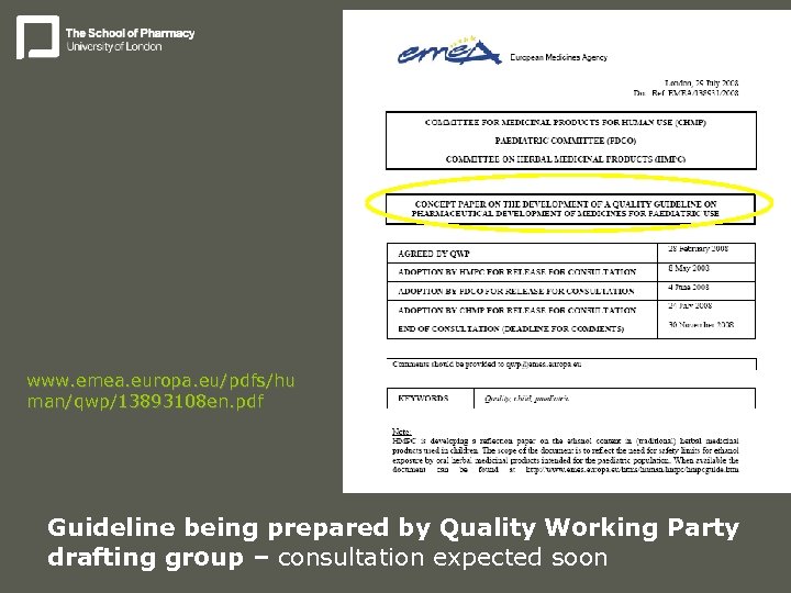 www. emea. europa. eu/pdfs/hu man/qwp/13893108 en. pdf Guideline being prepared by Quality Working Party