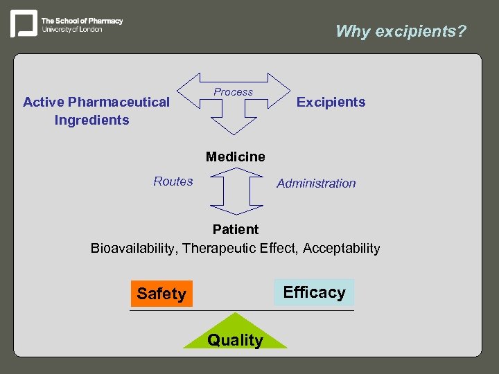 Why excipients? Active Pharmaceutical Ingredients Process Excipients Medicine Routes Administration Patient Bioavailability, Therapeutic Effect,