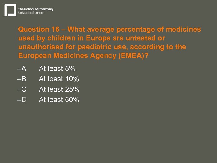 Question 16 – What average percentage of medicines used by children in Europe are