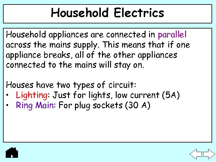 Household Electrics Household appliances are connected in parallel across the mains supply. This means