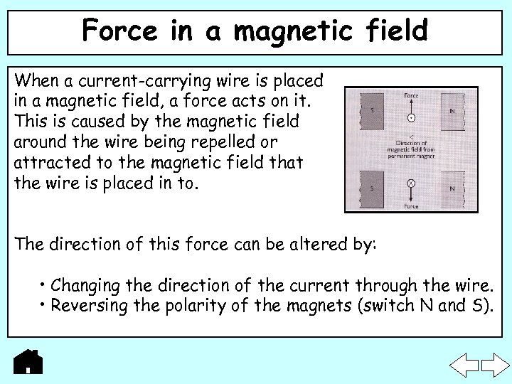 Force in a magnetic field When a current-carrying wire is placed in a magnetic