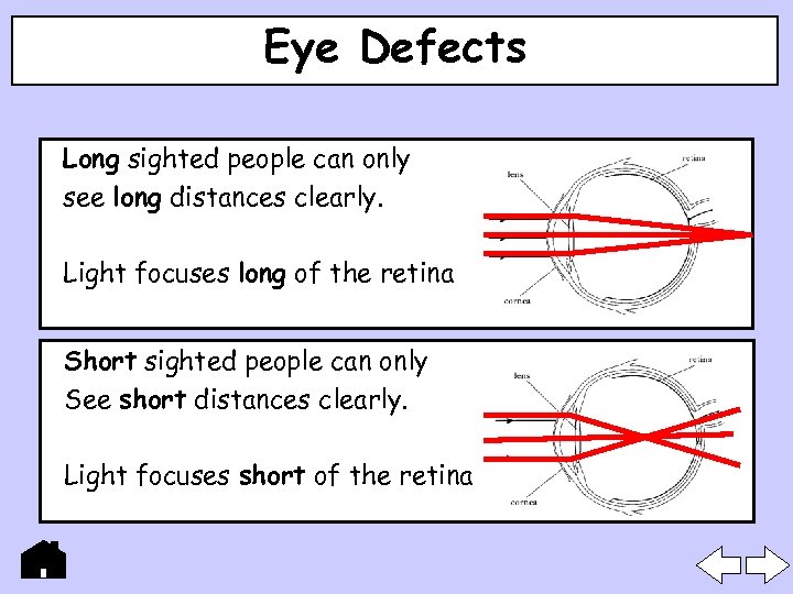 Eye Defects Long sighted people can only see long distances clearly. Light focuses long